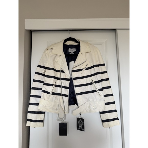 Each X Other Jackets & Blazers - Each X Other NWT Stripe White Leather Jacket Women's Size L Biker Limited moto